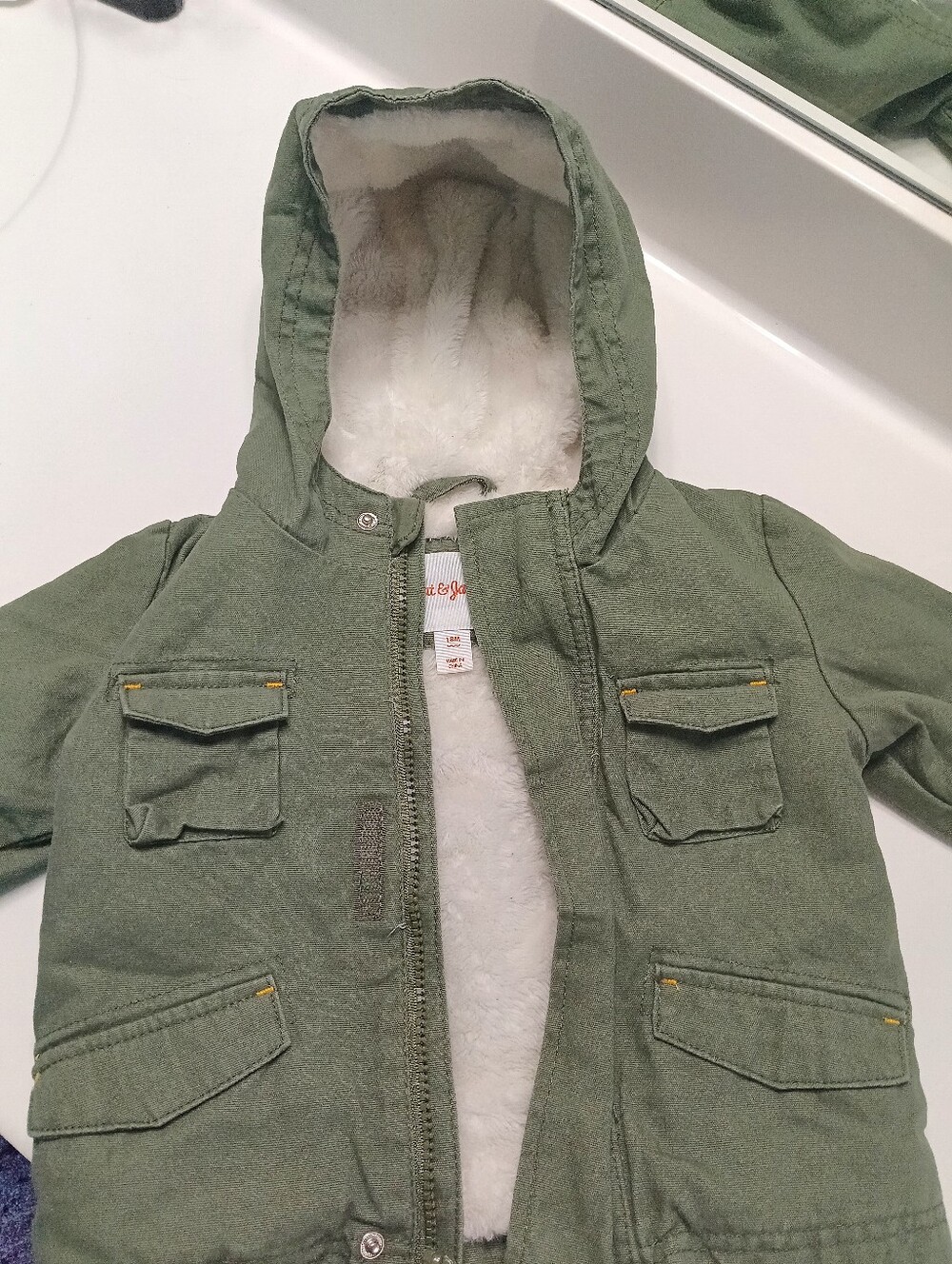 Cat & Jack Olive Green Utility Jacket with Faux Fur Lining - Size 18M